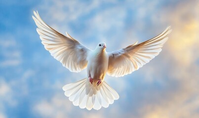 Obraz premium White bird soaring, wings spread, cloudy sky.
