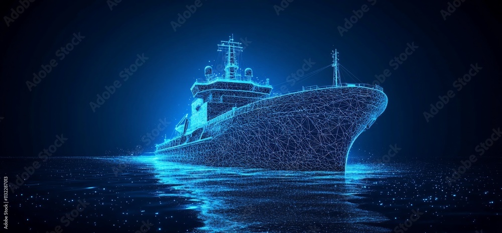 Poster a digital representation of a ship, illuminated in a blue wireframe style.