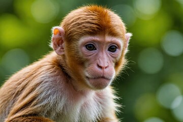 Fototapeta premium Close view of Proboscis Monkey cub against natural environment blurred background.