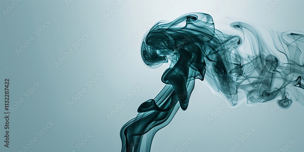 Poster a captivating swirl of dark teal smoke gracefully flows against a soft, light background, creating a
