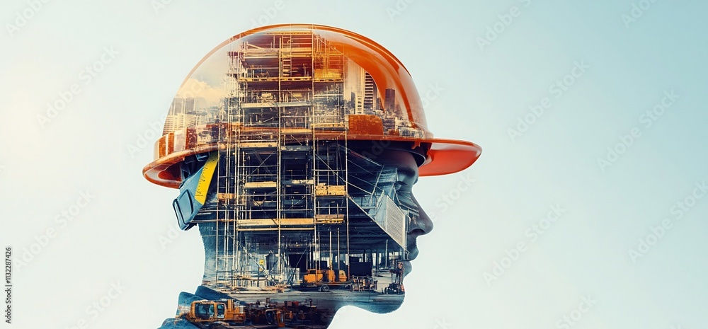 Poster a double exposure image of a worker with a construction site overlay.