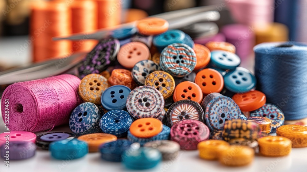 Poster a colorful assortment of buttons and threads arranged creatively for sewing and crafting.