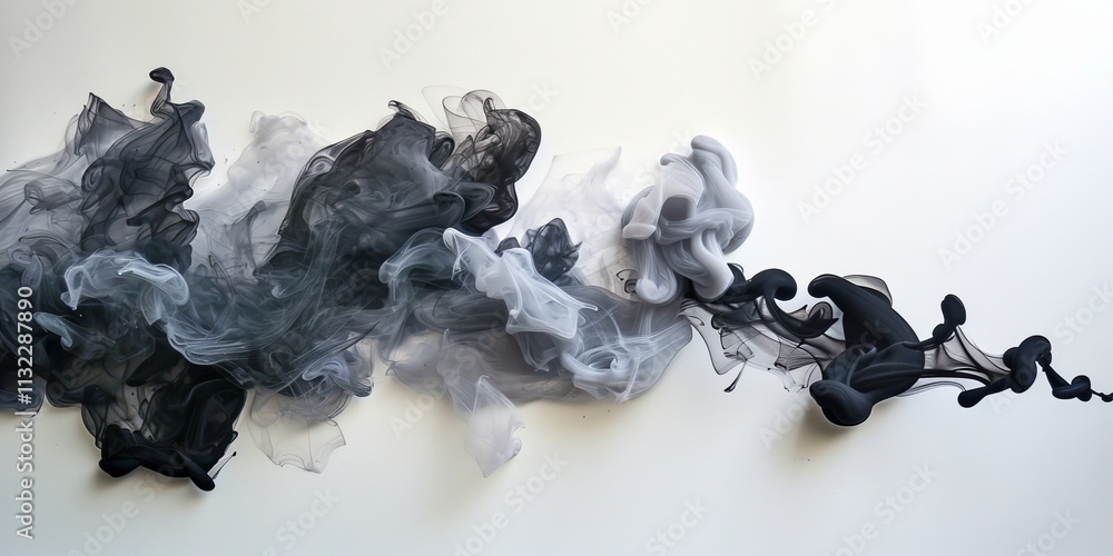 Poster an abstract representation of flowing smoke in shades of black and white, creating a dynamic and eth