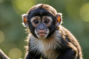 Naklejka premium Close view of Sun-Tailed Monkey cub against natural environment blurred background.
