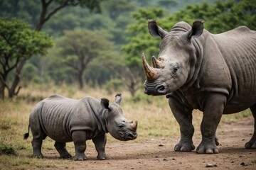 Obraz premium Close view of Rhino cub against natural environment blurred background.