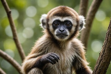 Obraz premium Close view of Gibbon cub against natural environment blurred background.
