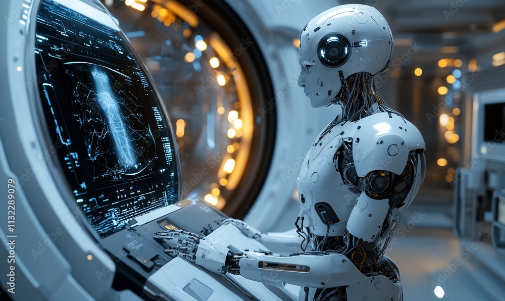 Aufkleber A humanoid robot interacts with a futuristic control interface in a sci-fi setting.