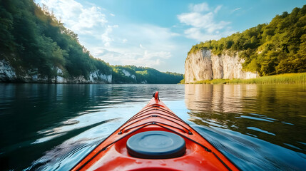 Fototapeta premium Kayaking Adventure: Serene River Landscape Photo