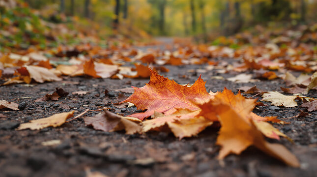 Close-up of autumn leaves on a forest trail