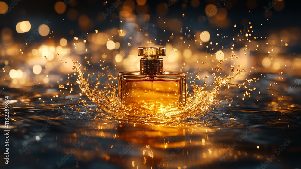 Poster a perfume bottle surrounded by splashing water and shimmering lights.
