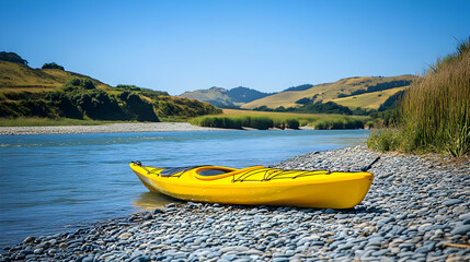 Fototapeta premium Yellow Kayak on Rocky Riverbank, Scenic Landscape Illustration