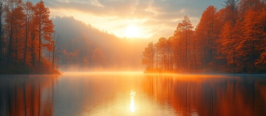 Fototapeta premium Sunrise over misty lake with autumn trees.