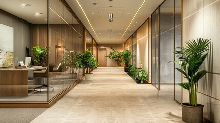 Obraz premium Modern Office Hallway with Glass Partitions and Lush Greenery