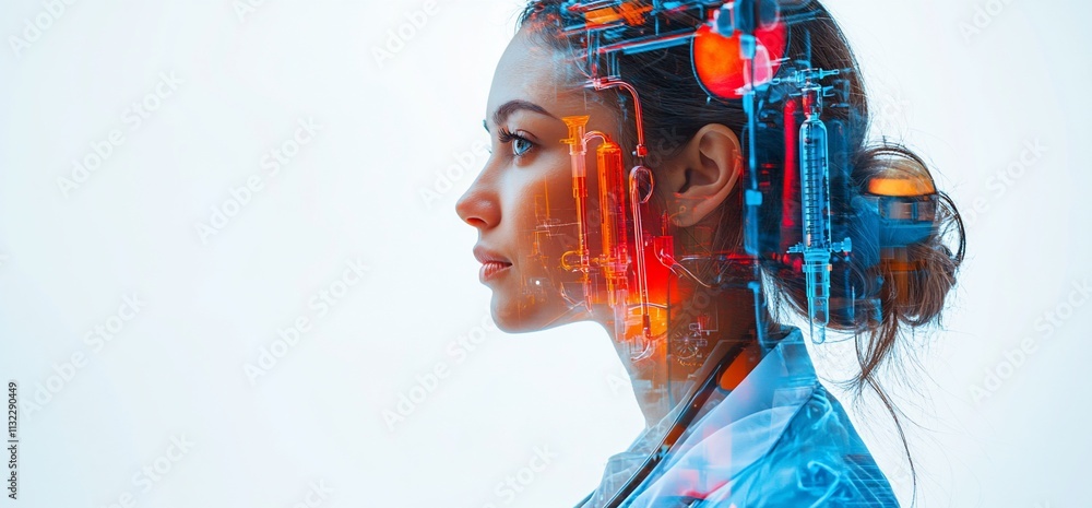 Poster a profile of a woman with a digital overlay of technological elements.