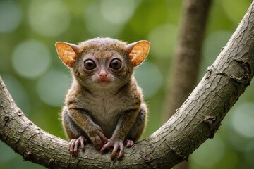Naklejka premium Close view of Tarsier cub against natural environment blurred background.