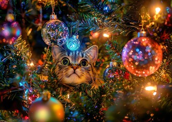 Fototapeta premium A curious kitten peeks from behind a Christmas tree. AI.