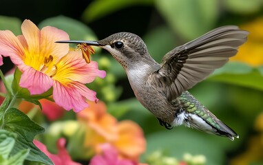 Fototapeta premium Hummingbird in flight feeding on nectar from a pink flower.