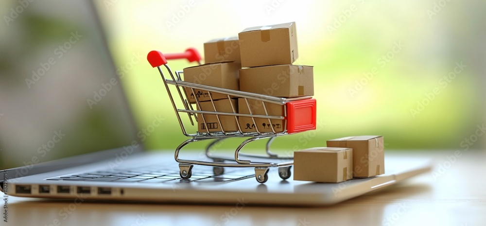 Poster a shopping cart filled with boxes placed on a laptop keyboard.