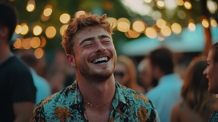 Obraz premium A young man smiles brightly outdoors. AI.