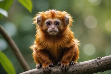 Fototapeta premium Close view of Golden Lion Tamarin cub against natural environment blurred background.