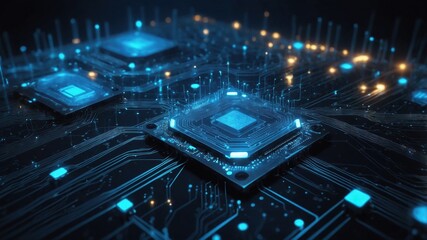 Fototapeta premium Abstract digital network circuit board background banner with glowing light and connecting data dots in blue and black colors. Big data technology concept.