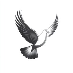 Monochrome dove in flight, wings spread wide, isolated on white background.