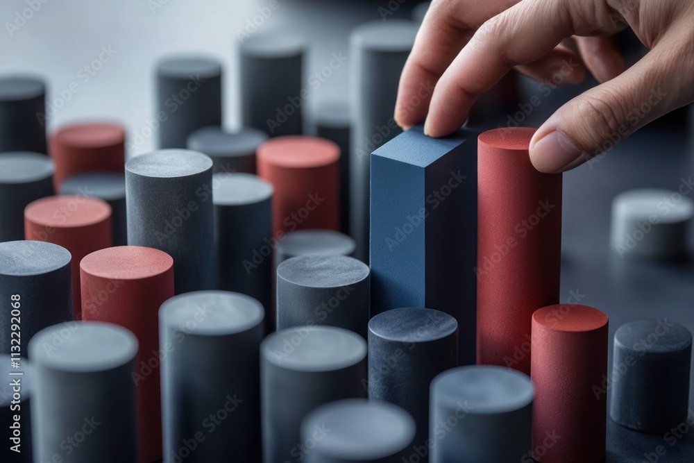 Poster hand arranging colorful cylinders, representing data analysis or strategic planning.