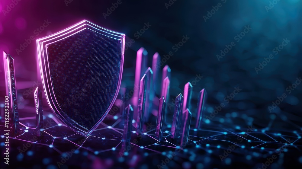 Poster firewall and shield icons a futuristic firewall interface with animated shields deflecting incoming 