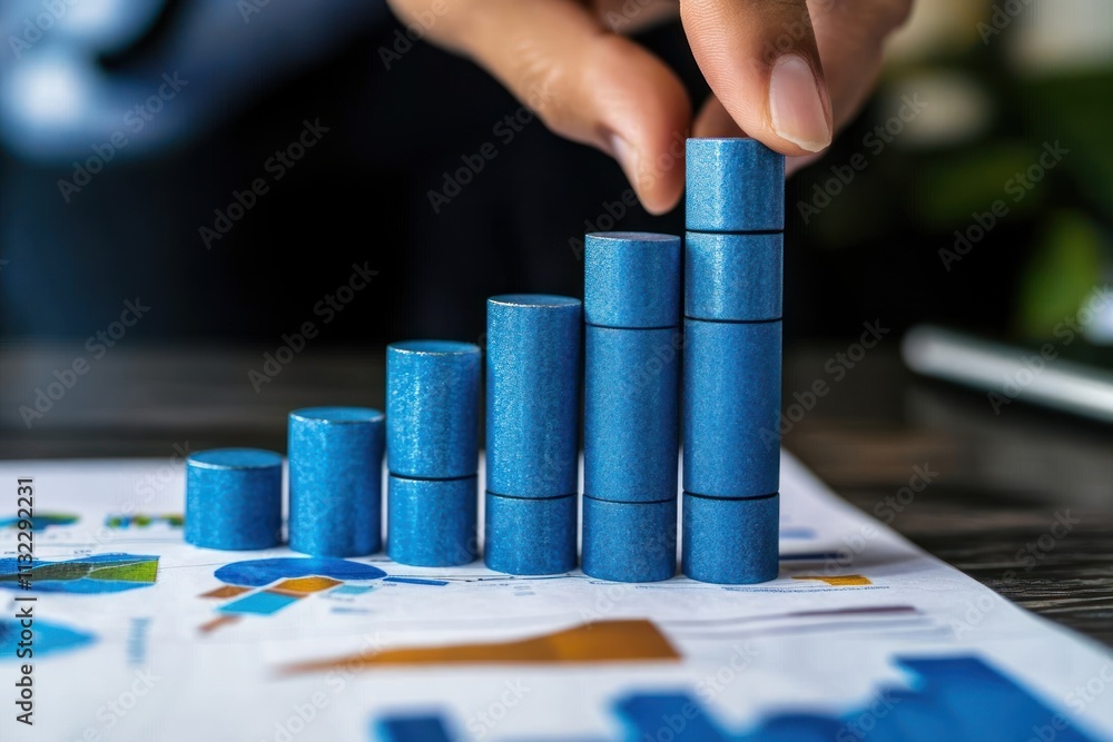 Poster hand placing blue wooden block on increasing graph, symbolizing growth and progress.