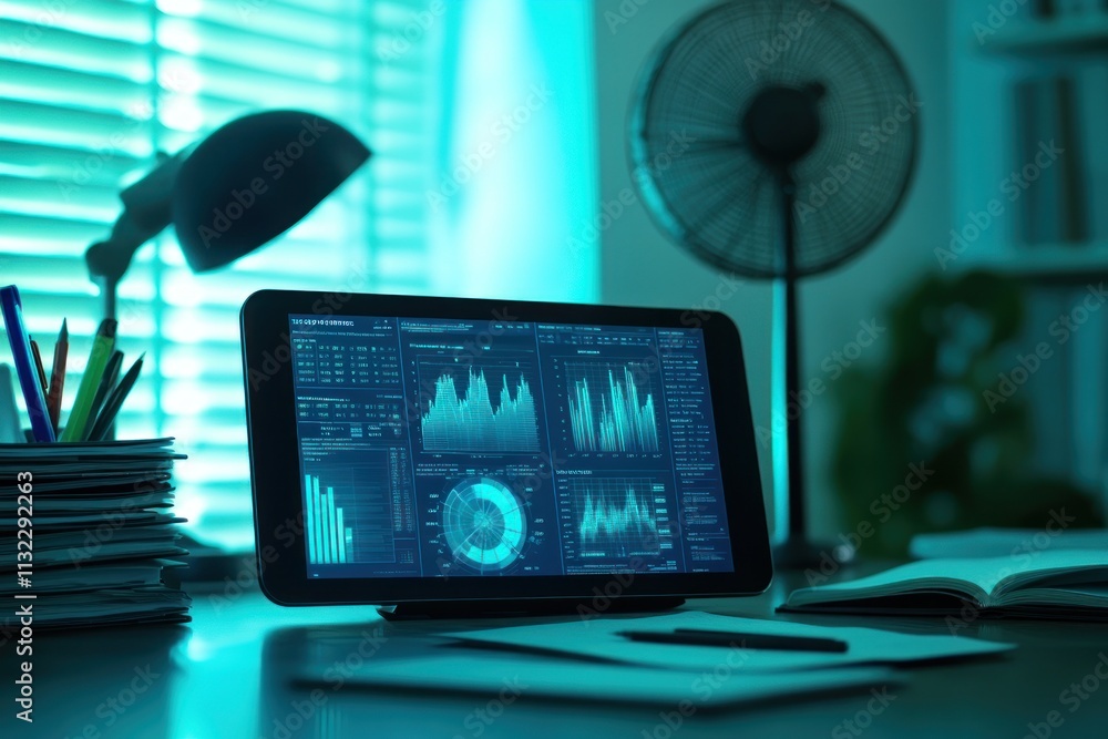 Aufkleber tablet displaying financial data on a desk at night.