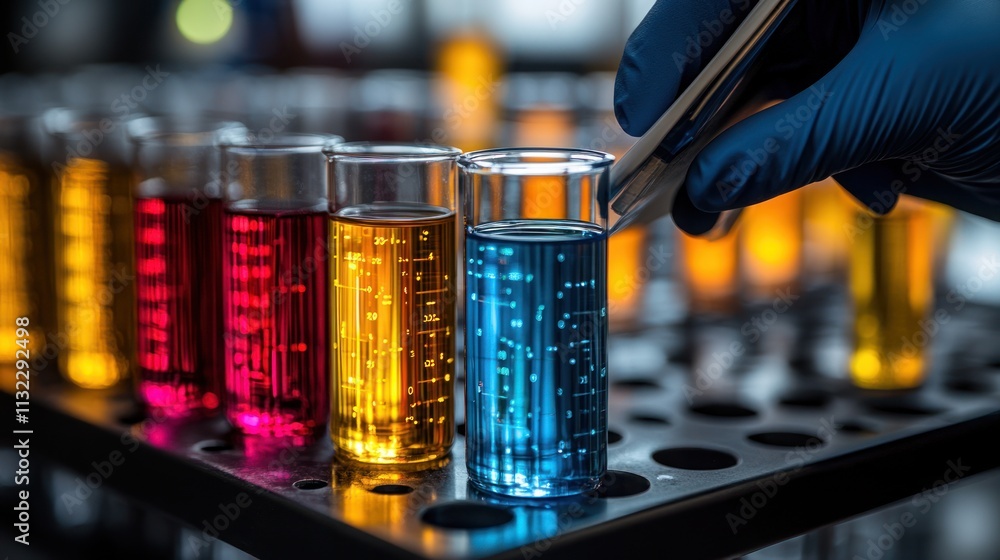 Poster a hand using tweezers to manipulate colorful liquids in test tubes for scientific experiments.