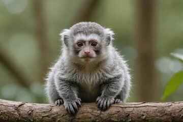 Fototapeta premium Close view of Silvery Marmoset cub against natural environment blurred background.