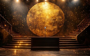 Obraz premium Elegant stage with golden moon backdrop, stairs, and a microphone on a wooden podium.