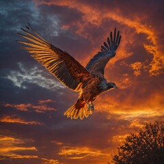 A phoenix-like bird rising in a fiery sunset sky.