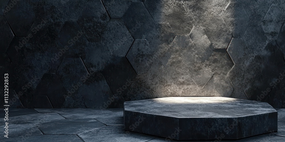 Poster dark stone octagonal podium against a hexagonal wall.