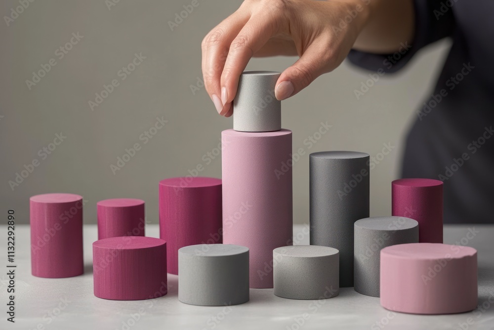 Aufkleber hand placing cylinder on top of growing stack of various colored cylinders.