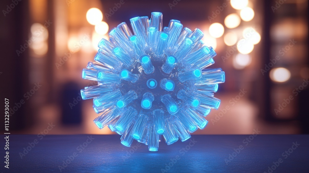 Poster a stylized representation of a virus with glowing elements in a blurred background.