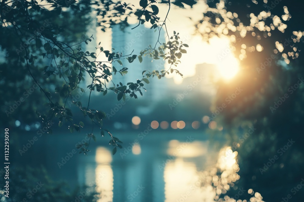 Poster sunlit cityscape view through tree branches and leaves, reflected in calm water.