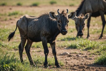 Close view of Wildebeest cub against natural environment blurred background.