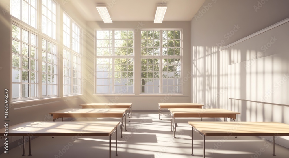 Poster sunlit classroom with empty wooden desks and large windows.