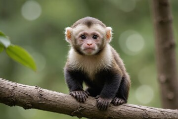 Obraz premium Close view of White-Faced Capuchin cub against natural environment blurred background.