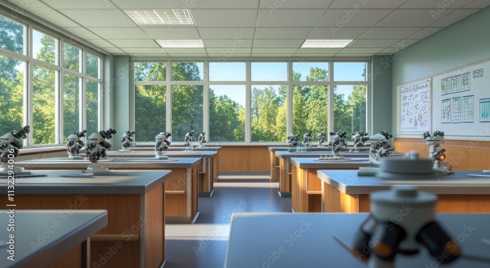 Aufkleber Bright science lab classroom with microscopes and large windows overlooking trees.