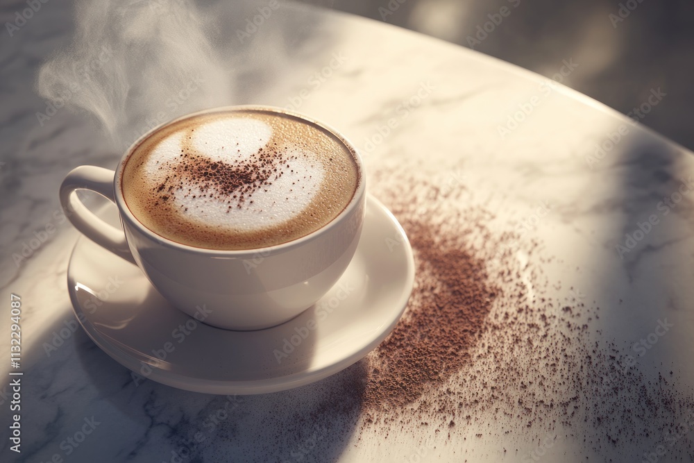 Poster steaming cappuccino in white cup with cocoa powder on marble table.