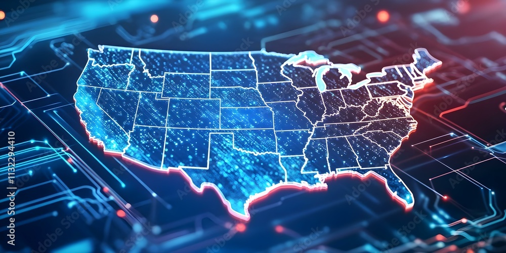 Poster a digital map of the united states with a glowing, high-tech design featuring states and circuit-lik