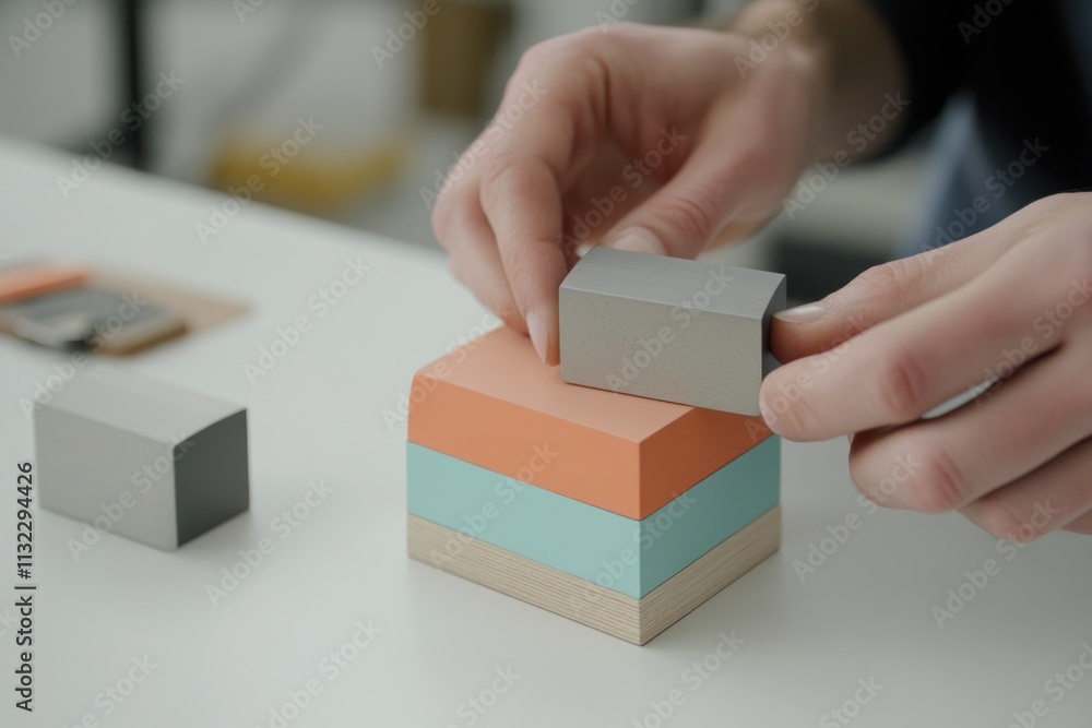 Fototapete hands building a stack of colorful blocks on a white table.
