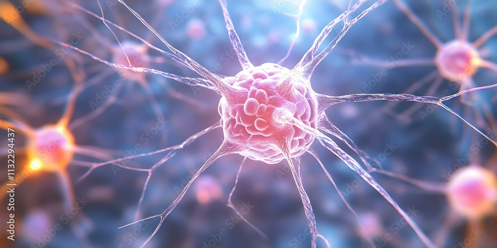 Poster a close-up view of a neuron, showcasing its cell body and extending dendrites, against a blurred bac