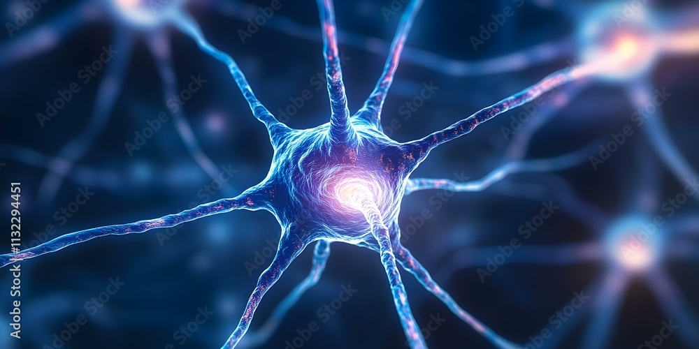 Poster a close-up view of a neuron, showcasing its intricate structure and connections in a vibrant, digita