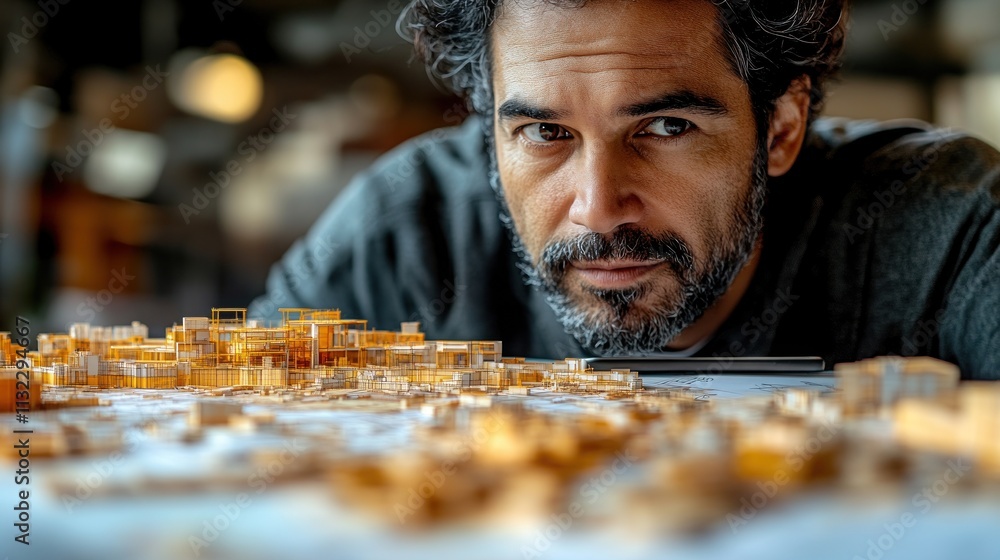 Poster a focused man examines intricate architectural models on a table.