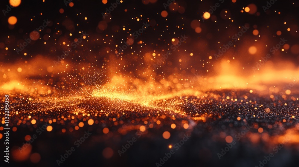 Poster a close-up view of glowing embers and particles, creating a dynamic, fiery atmosphere.