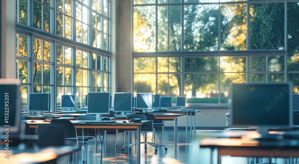 Poster Sunlit computer lab with many desktops and large windows showing trees.